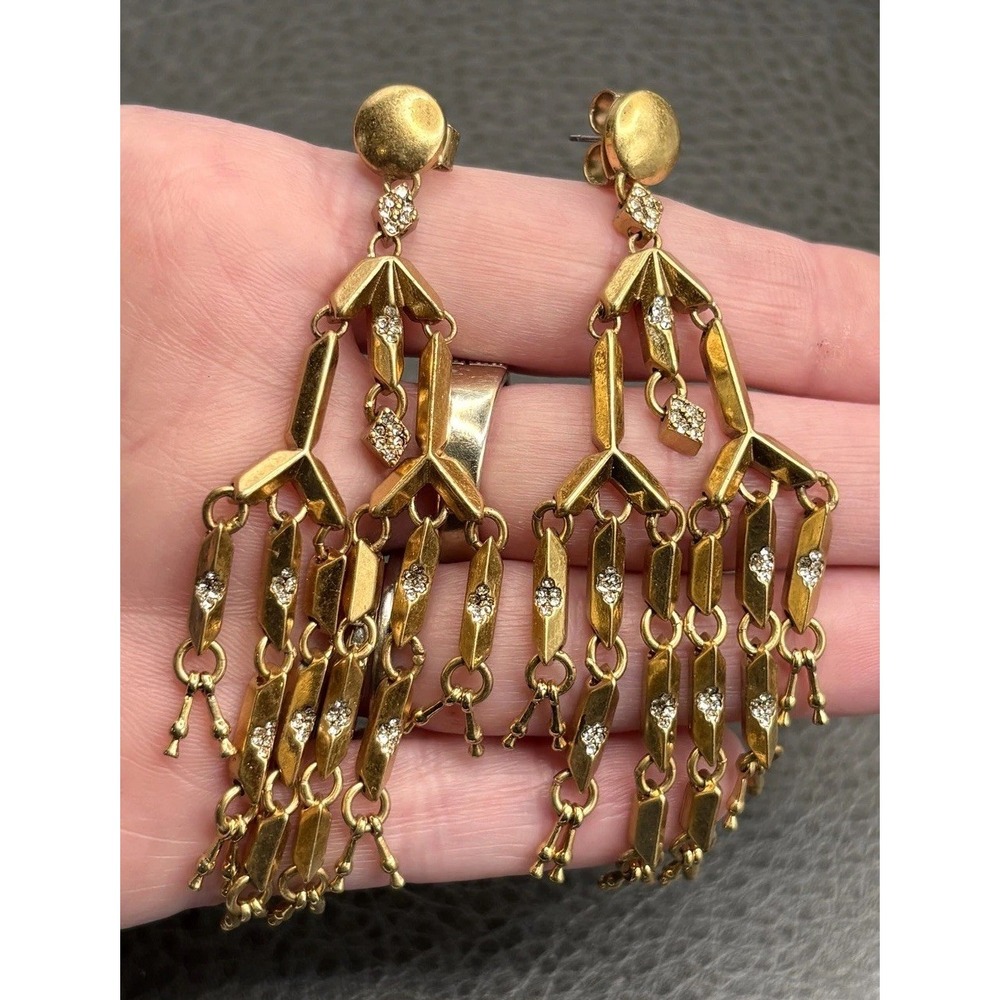 J Crew Deco Style Chandelier Earrings Rhinestone Runway Fringe Tassel Gold Tone